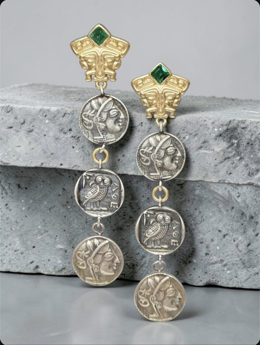 18k Gold Plated 2 Tone Ancient Byzantine Coin Emerald Crystal Dangle Earrings